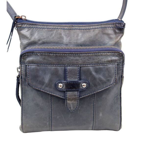 PERLINA DARK GRAY GENUINE LEATHER X-BODY ORGANIZER SHOULDER BAG HANDBAG PURSE - Picture 1 of 13